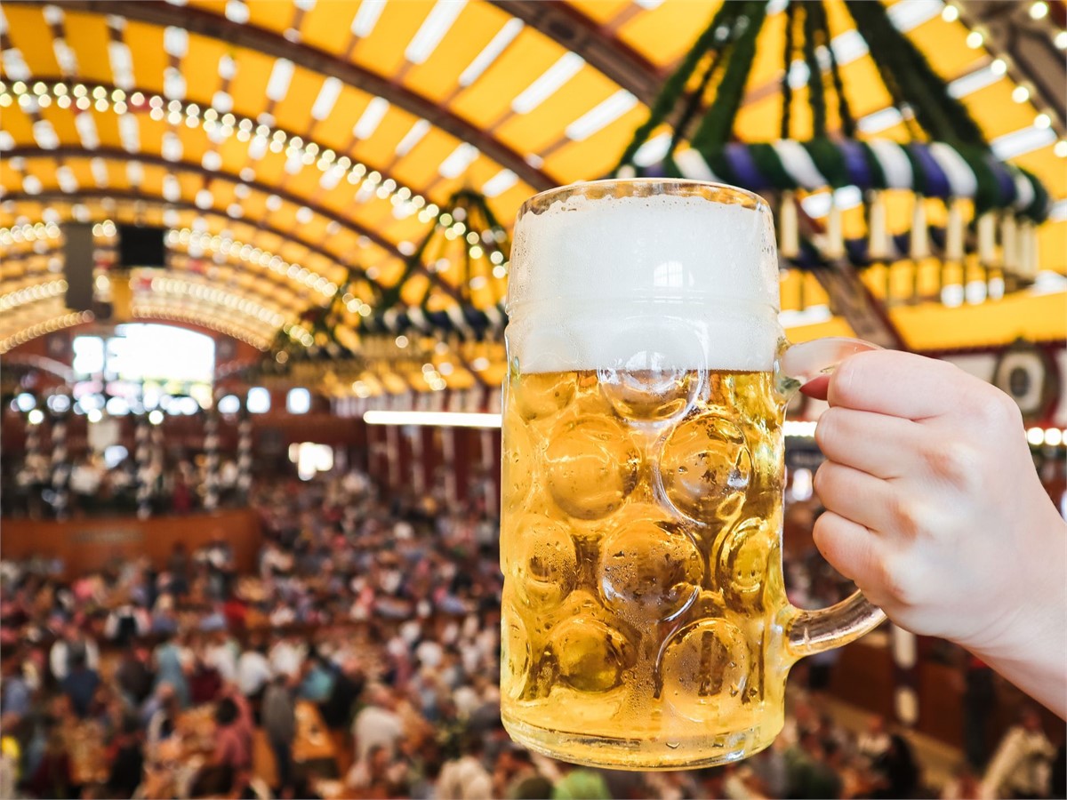 A mass of beer in the festival tent at the Oktoberfest in Munich